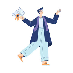 Man Student Character in Graduation Gown and Hat Enjoy with Diploma Ceremony Vector Illustration