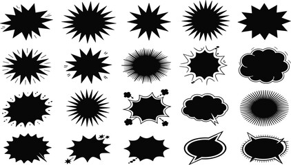 Comic speech bubble icon set vector, black silhouette shapes, pop art burst design, retro graphic elements, cartoon action symbols