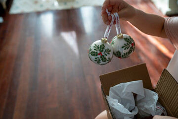 Christmas Ornaments Hanging On Tree Branch With Soft Background