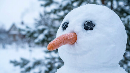 Close up of a snowman head with a carrot nose and coal eyes. Winter snow sculpture profile outdoors