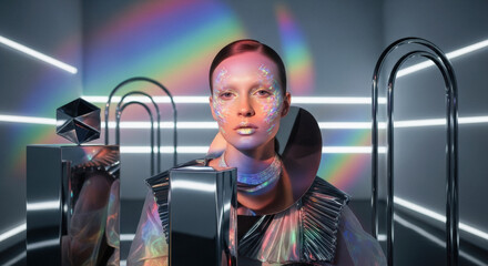 Elegant woman with iridescent makeup and futuristic attire, amidst geometric prisms and neon light reflections, symbolizing beauty and innovation.