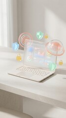 Conceptual laptop with security shields and locks, data protection concept