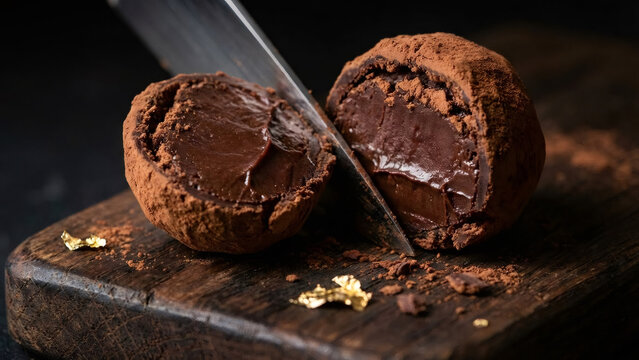 Close-up of a dark chocolate truffle being cut in half by a knife. Gourmet dessert with creamy ganache and cocoa powder on a wooden board