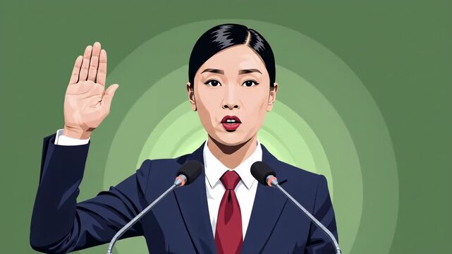 Woman taking oath at podium with hand raised