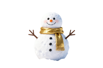 A cute snowman with a golden scarf and black buttons