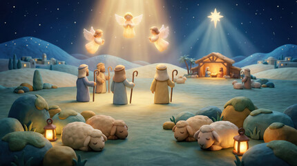 Obraz premium Nativity scene with angels, shepherds, and the star of Bethlehem