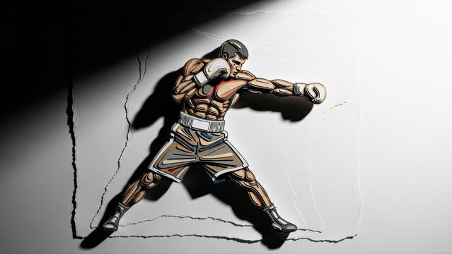 Dynamic illustration of a boxer in mid-stretch, casting a shadow on a textured white background, highlighting muscular form and athletic focus, isolated style - Powered by Adobe