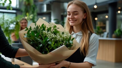Young professional woman happily receives a beautiful fresh green bouquet of flowers in a modern office setting