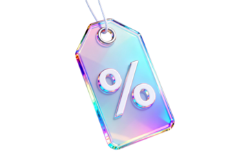 Colorful holographic price tag with percentage symbol on it
