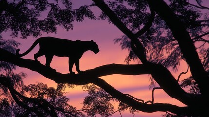 A panther silhouette strides across a tree branch, against a vibrant sunset sky. Leaves and branches frame the scene