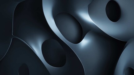 Abstract 3D rendering with curved surfaces, organic shapes, and circular openings; cool tones