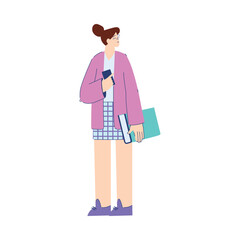 Woman Student Character Stand with Book Engaged in Education and Study Vector Illustration
