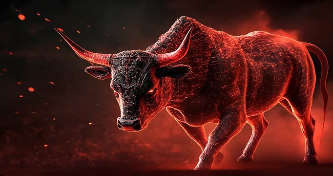 Fiery bull charging through a dark landscape, surrounded by glowing embers and smoke