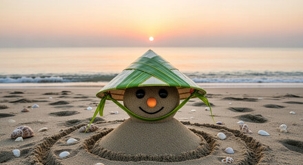 Sand sculpture with conical hat on sandy beach at sunrise, representing vacation, relaxation, travel, and summer fun, with space for text or advertisement