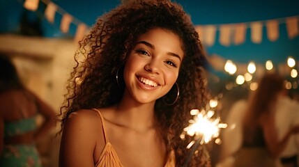 Young woman smiling holding sparkler at night party celebration