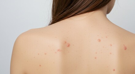 Close-up of a woman's back displaying several small, red bumps on a fair complexion skin.