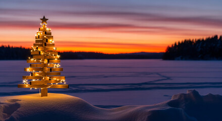 Wooden Christmas tree with lights on a snowy landscape at sunset, suggesting festive atmosphere and a winter holiday celebration in natural setting