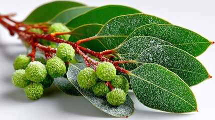Close-up of a branch with green leaves and berries.