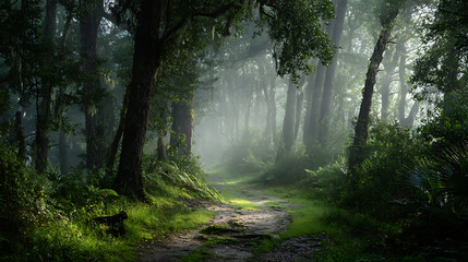 Fototapeta premium Mystical Forest Path Bathed in Ethereal Sunlight