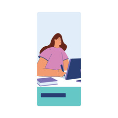 Woman Student Character at Laptop Engaged in Online Education and Study Vector Illustration