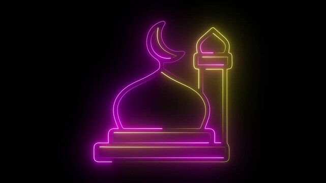 Neon mosque icon with crescent moon and minaret glowing in pink and yellow against black background.