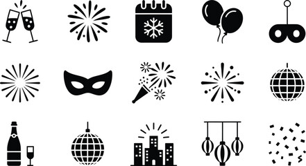 Collection of new year s eve celebration icons including champagne glasses fireworks balloons masks disco balls and city skyline for festive holiday design elements