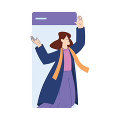 Woman Student Character in Graduation Hat and Gown Look from Smartphone Screen Engaged in Online Education and Study Vector Illustration