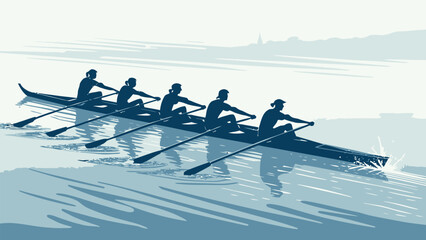 Synchronized Rowing Team Silhouette Vector Paddling in Unison, illustrating teamwork, strength, and competitive water sports.