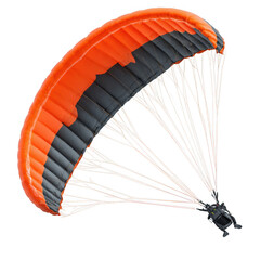Bright orange paraglider canopy ready for extreme sport flight isolated on transparent background