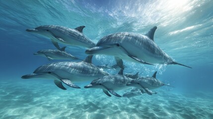 Fototapeta premium A pod of dolphins gracefully swims in clear turquoise water, sunlight filtering down, showcasing the ocean's beauty