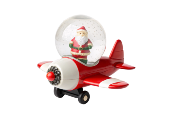 Christmas snow globe featuring Santa on vintage style toy plane, isolated on a transparent background