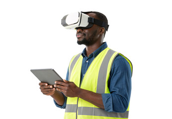 Male construction worker experiencing VR technology with tablet computer, isolated on a transparent background