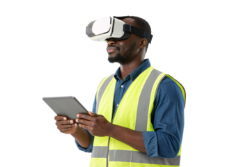 Male construction worker experiencing VR technology with tablet computer, isolated on a transparent background