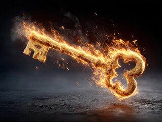 Golden key engulfed in flames floats against dark background, symbolizing transformation and mystery. fiery effect adds dramatic and intense atmosphere to image