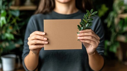 Woman holding blank brown card with green foliage in a setting filled with lush indoor plants