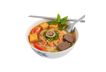 Bun Rieu Cua Ha Noi, a delicious crab paste vermicelli soup featuring minced shrimp, tofu, tomatoes, and shrimp paste, showcasing Vietnamese cuisine against a white background, close-up view.
