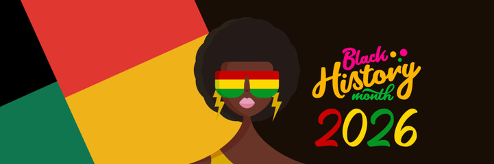 Black history month 2026 horizontal banner with afro American woman face isolated on abstract geometric background. Black history month poster, flyer, background with african girl with sunglasses
