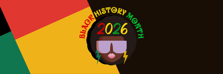 Black history month 2026 horizontal banner with afro American woman face isolated on abstract geometric background. Black history month poster, flyer, background with african girl with sunglasses
