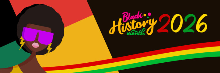 Black history month 2026 horizontal banner with afro American woman face isolated on abstract geometric background. Black history month poster, flyer, background with african girl with sunglasses