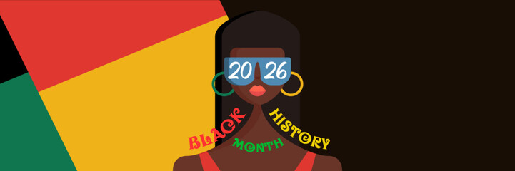 Black history month 2026 horizontal banner with afro American woman face isolated on abstract geometric background. Black history month poster, flyer, background with african girl with sunglasses