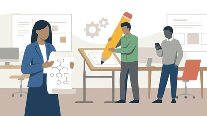 Business professionals collaborating on design, planning, and workflow in office