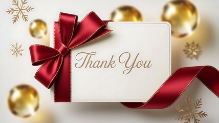 Elegant thank you card with rich red satin ribbon bow and gold ornament decoration on a white surface
