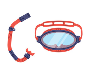 Red Swimming Mask and Goggles for Diving Underwater with Breathing Tube Vector Illustration