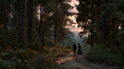 A dusky forest path leads toward a warm, hazy sky. Two figures stroll, illuminated by the twilight and fireflies