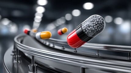 Colorful capsules glide on a conveyor belt, symbolizing cutting-edge pharmaceutical manufacturing and progress