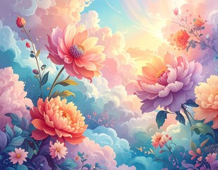 pastellfarbene Wolken am Himmel mit gro&szlig;en Bl&uuml;ten und Blumen