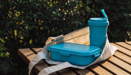 Reusable turquoise lunch box and coffee cup in a canvas bag on a wooden table outdoors, concept for sustainability, eco-friendly and picnic.