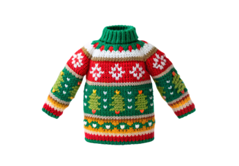 Festive holiday sweater with Christmas trees and colorful patterns, isolated on a transparent background