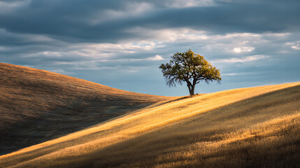 Solitary Tree Bathed in Golden Sunlight on a Rolling Hill