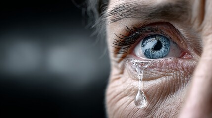 A close-up shows a woman's blue eye with a tear, reflecting deep emotion and gentle light